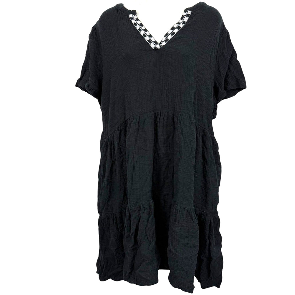 Lucky Brand 100% Cotton Guaze Short Sleeve Peasant Style Black Dress Casual 2X